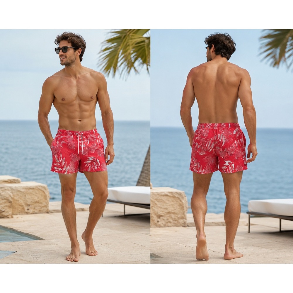 Michael Kors Mens Red Tropical Palm Leaf Swim Trunks Shorts Size L preppy resort